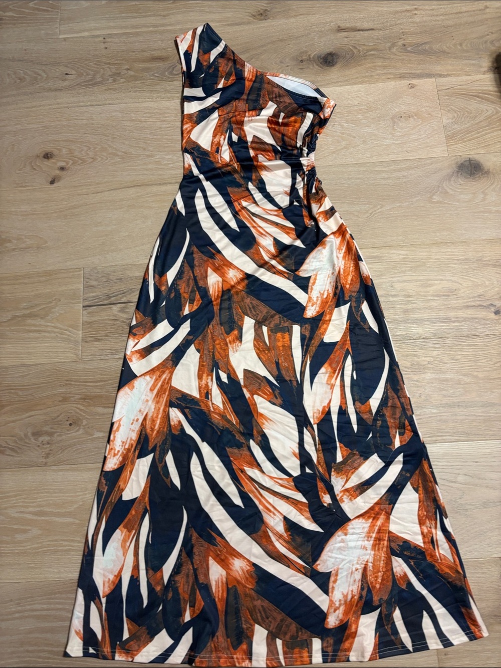 Women’s One-Shoulder Abstract Print Maxi Dress - Navy & Rust
